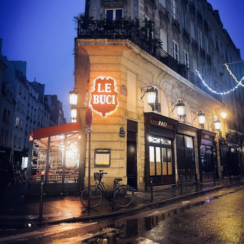 Le Buci, a Parisian Cafe in Paris France in the Morning light.