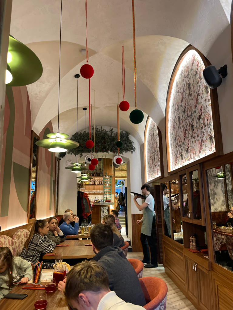 Kluska Na Placu Entry way in Krakow Poland with beautiful christmas decorations.