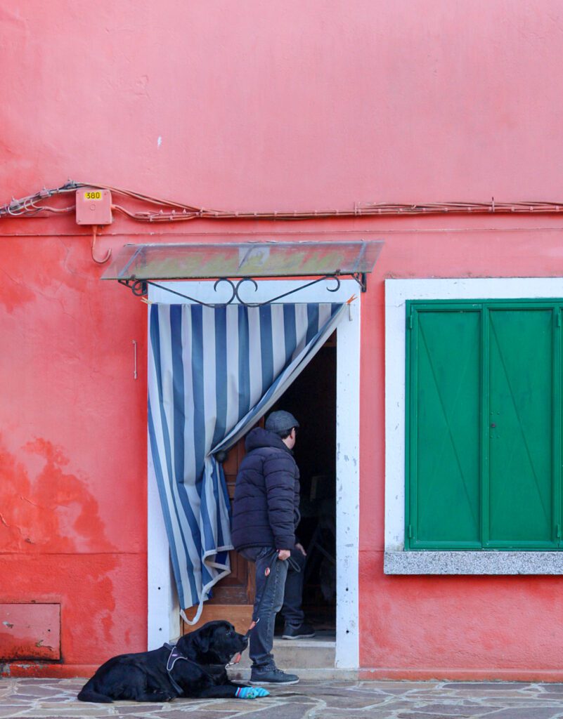 A man standing outside of a house while his dog sits patiently