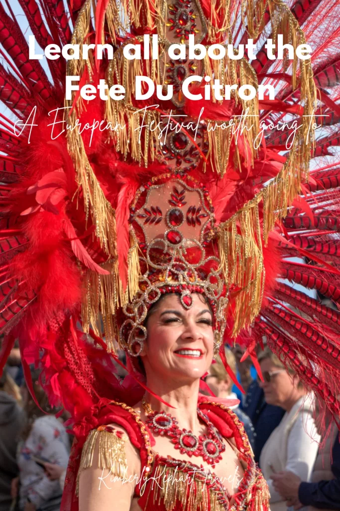 Woman with red headdress and red sequin beaded top smiles to bypassers at the Fete Du Citron. The image says Learn All About the Fete Du Citron