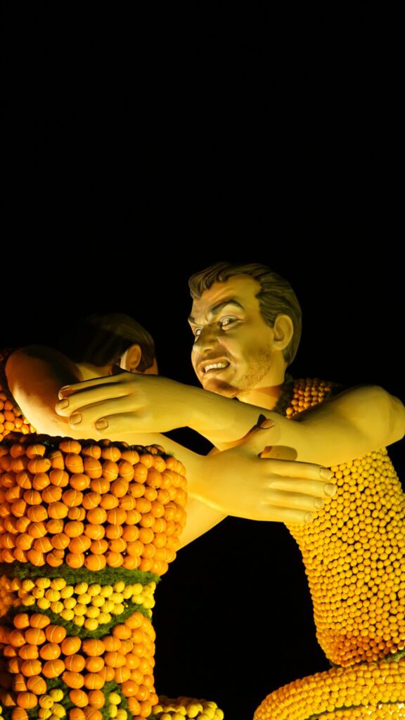 Statues made out of Lemons sit in the Jardin Bioves in Menton. The theme for 2024 Fete Du Citron was the Olympics.