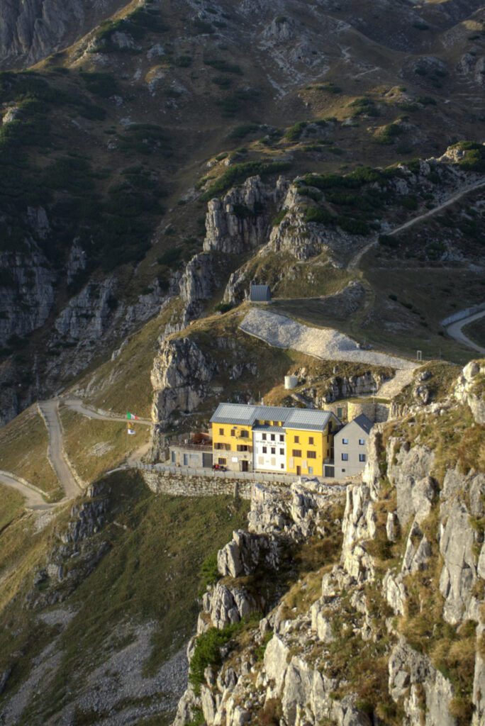 Rifugio Achille Papa as seen from Tunnel 50 of the Strada Delle 52 Galleries