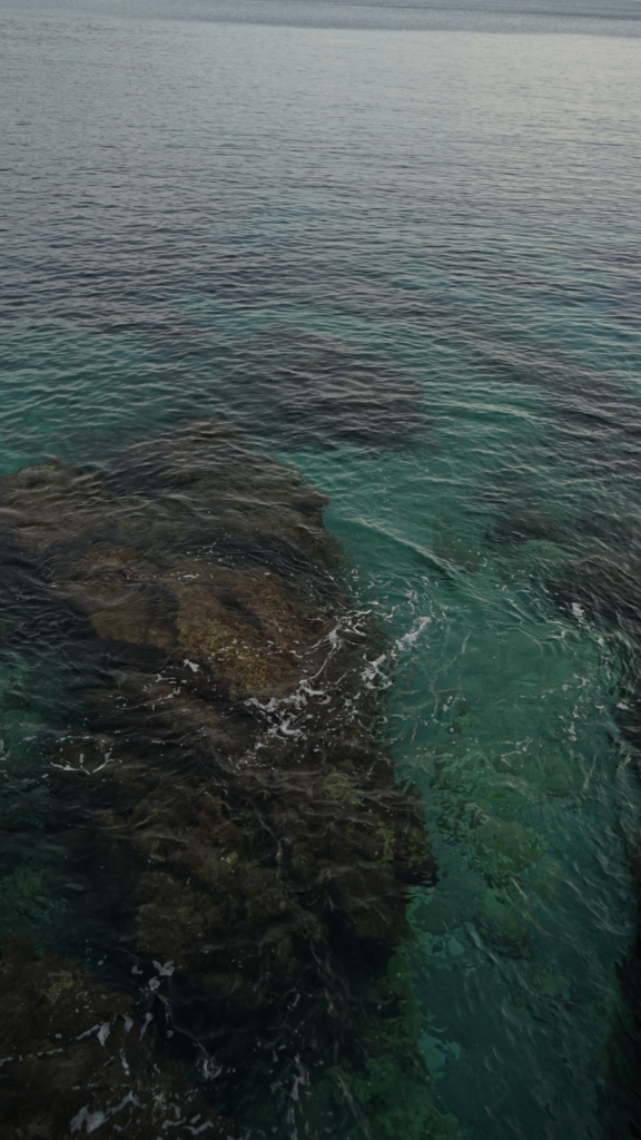 Clear turquoise water reveals rocky formations beneath the surface along the Villefranche-sur-Mer coastal path.