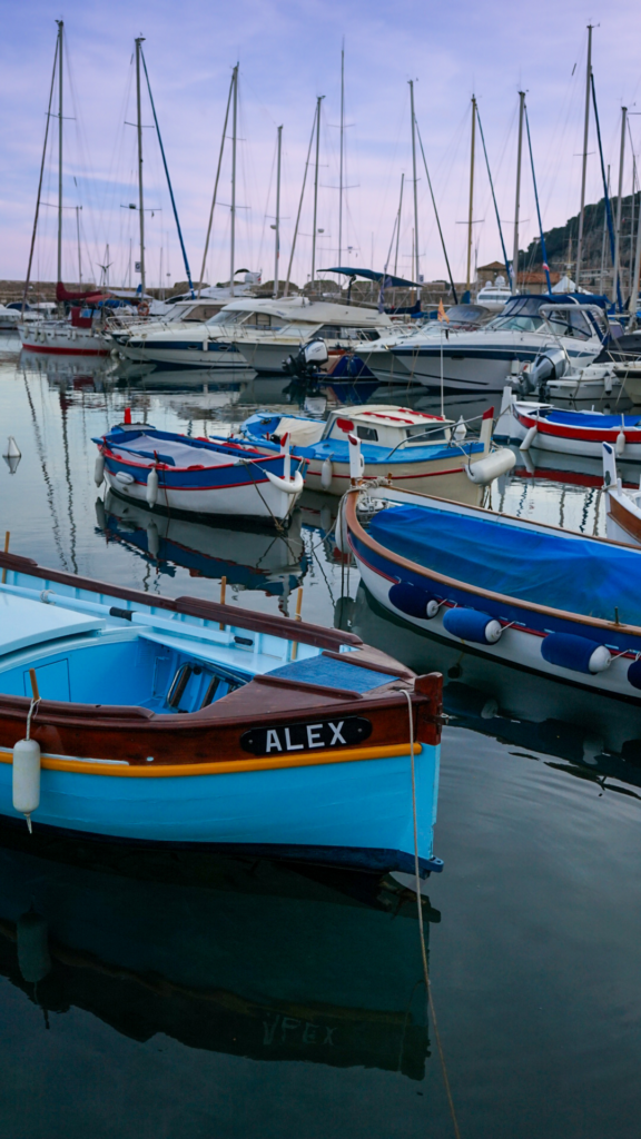 Close-up of colorful wooden fishing boats moored in Villefranche-sur-Mer harbor, including a boat named โALEXโ in the foreground.