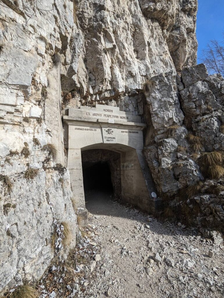 The start of the Strada Delle 52 Galleries a tunnel built into the rock face. 