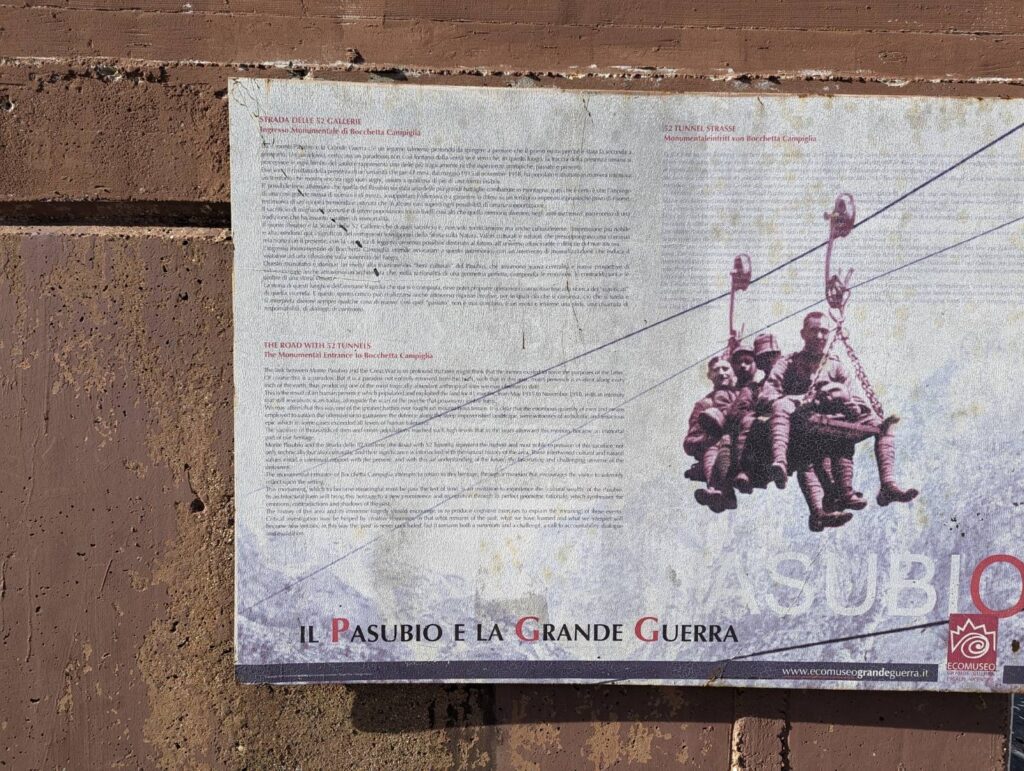 A informative board you can read while on the Strada Delle 52 Galleries about the history of the old military mule road.