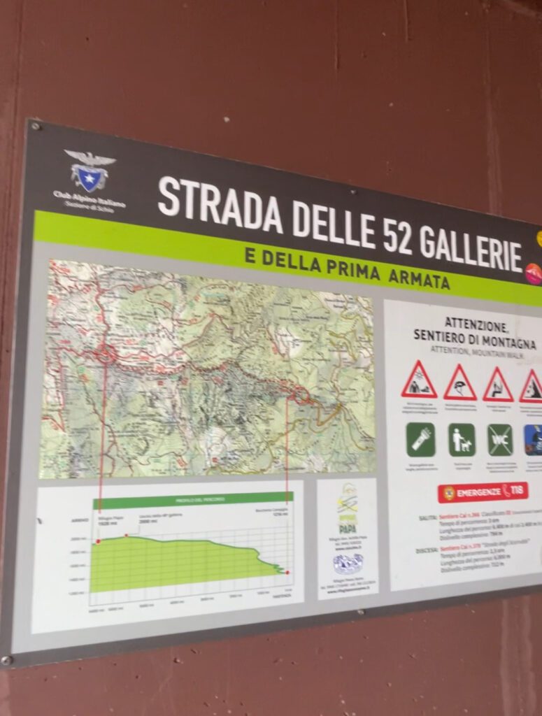 Map of Strada Delle 52 Galleries with elevation gain and information regarding Rifugio. 