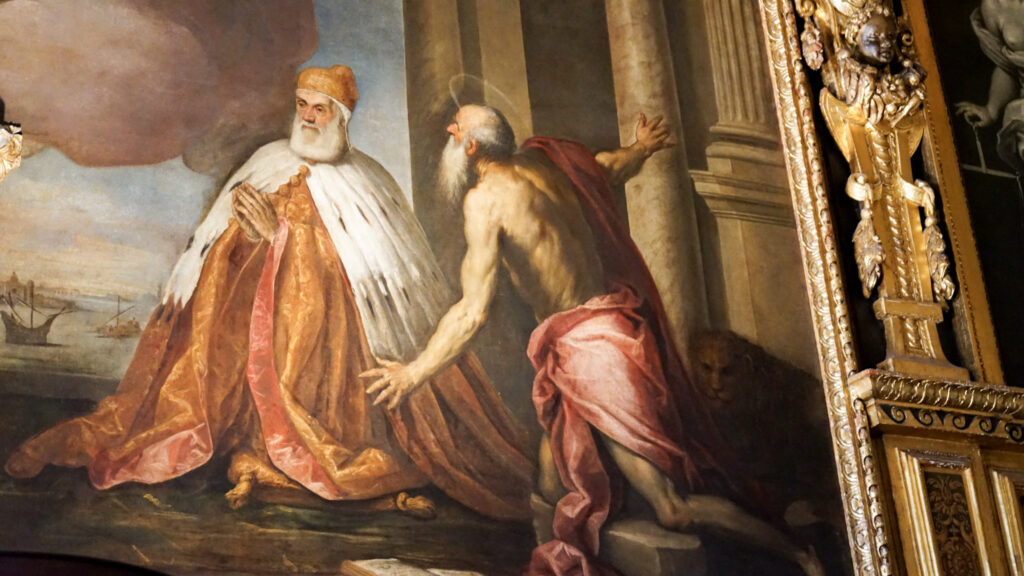 A traditional painting depicting a doge in the doge palace