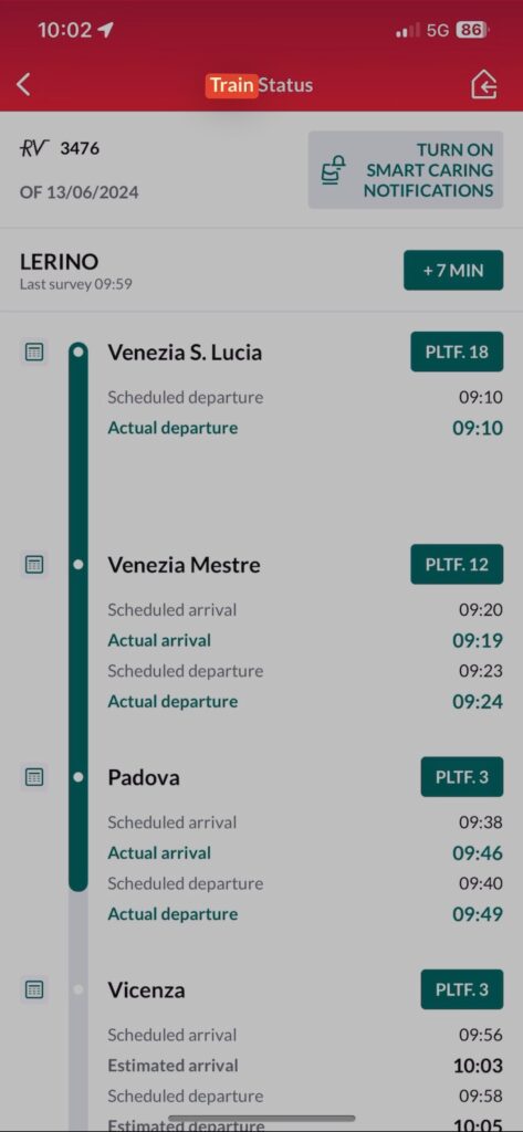 Picture of train status on the Train Italia App when you travel by train in Italy