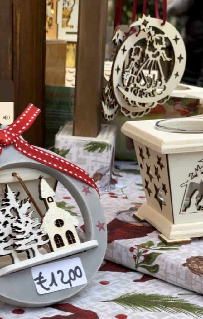 Wooden Christmas gifts on sale at a christmas market