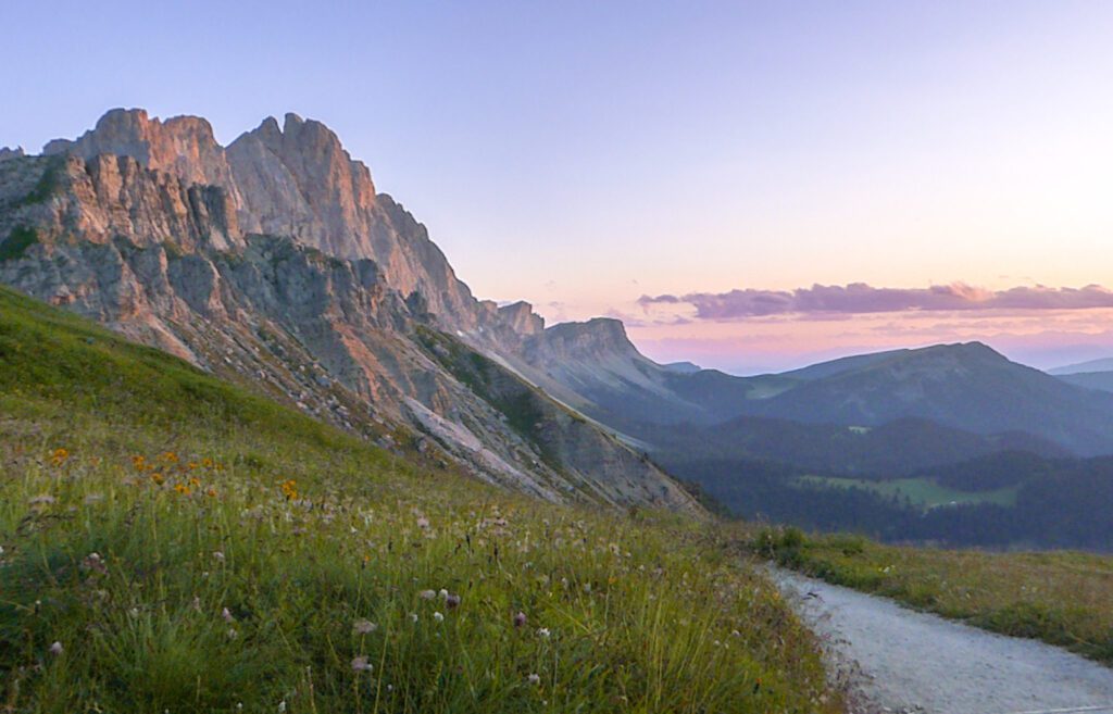 View of mountains during a sunset in the dolomites. 