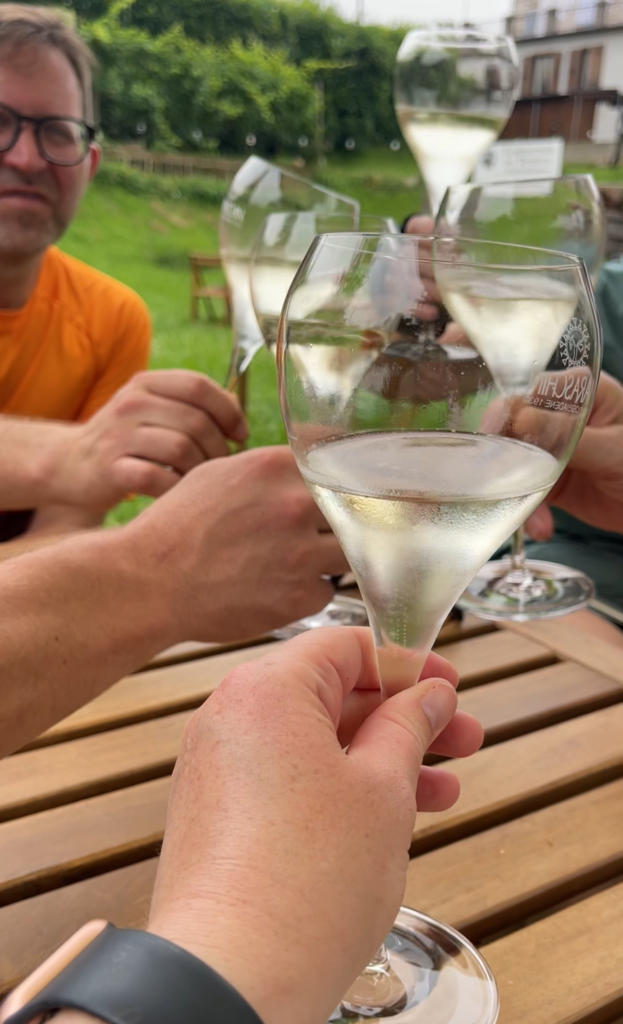 glasses being held up in a cheers or cin cin at Casa Brunero in Valdobbiadene