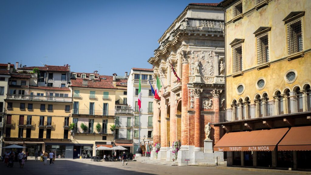 The Town Hall in Vicenza, italy with an ornate facade. 