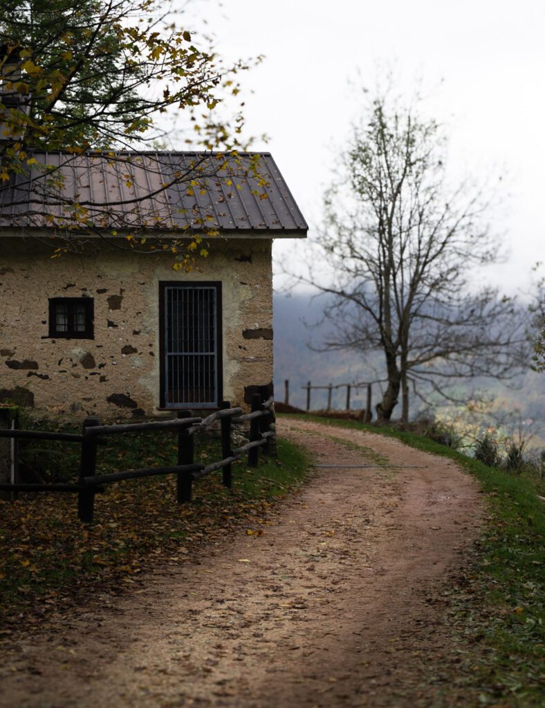 A Mountain Hut sitting on the altopiano delle Montagnole with leaves scattered on the ground.