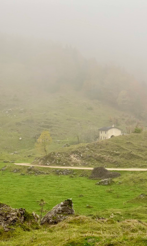 Foggy pasture along Sentiero Grandi Alberi hike near Vicenza with mountain hut in the Piccole Dolomiti