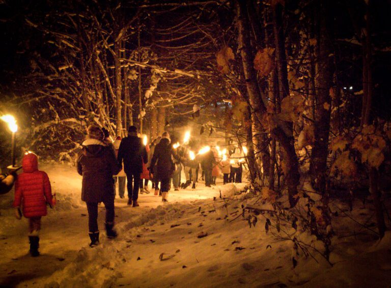 torches illuminate a path with snow in the black forest of germany