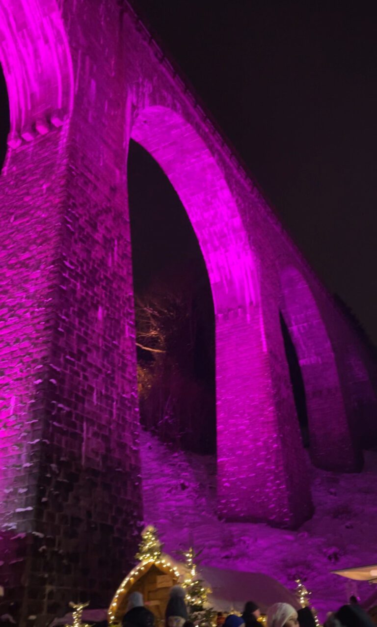 the famous ravenna gorge, lit up in purple