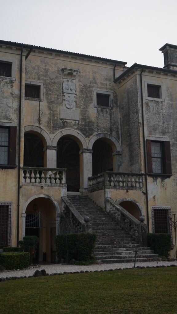 The front of Villa Godi Malinverni, Vicenza Italy. It's elegant stairs leading to the inside of this Palladian Masterpiece