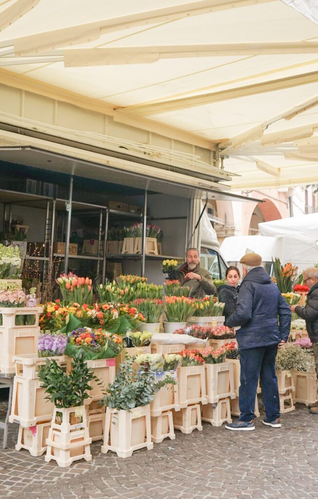 Flower Vendor in Vicenza Selling colorful flowers to clients on the street during the market