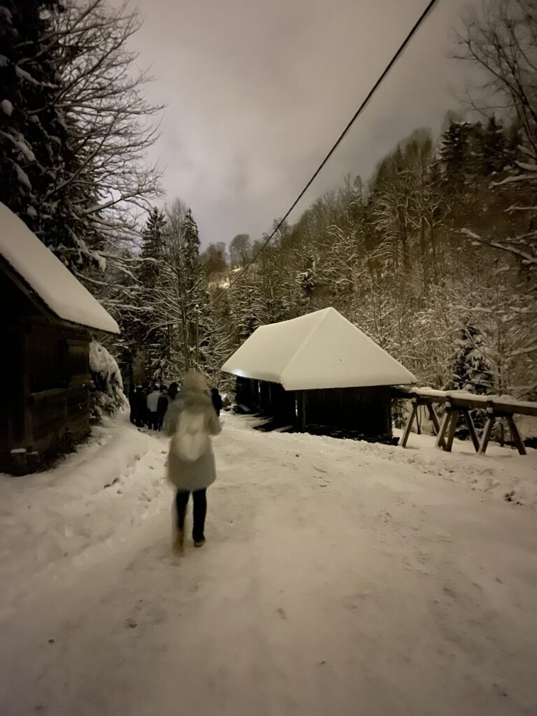 woman on a dark path with snow at the Ravenna Gorge Christmas Market