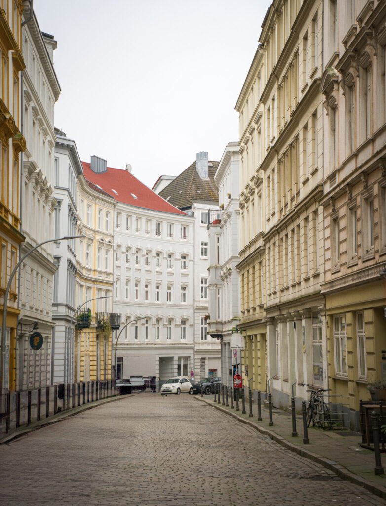 Quiet street of hamburg with row houses. 