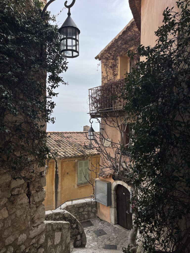 beautiful cobblestone streets of eze with flowers blooming
