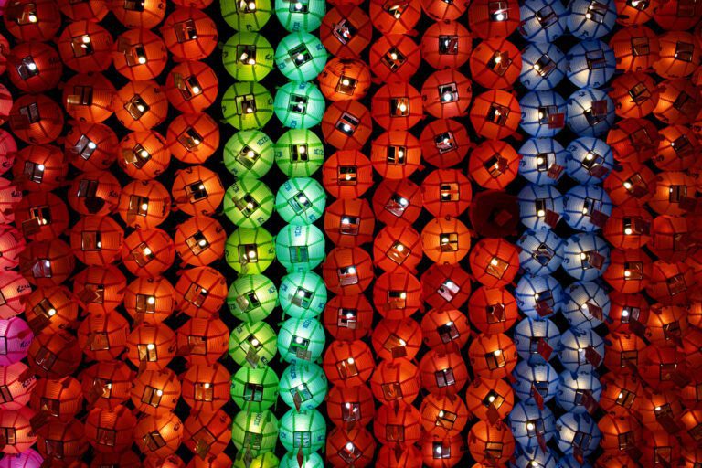 Beautiful Lanterns hanging in red, green and blue at Jogyesa Temple