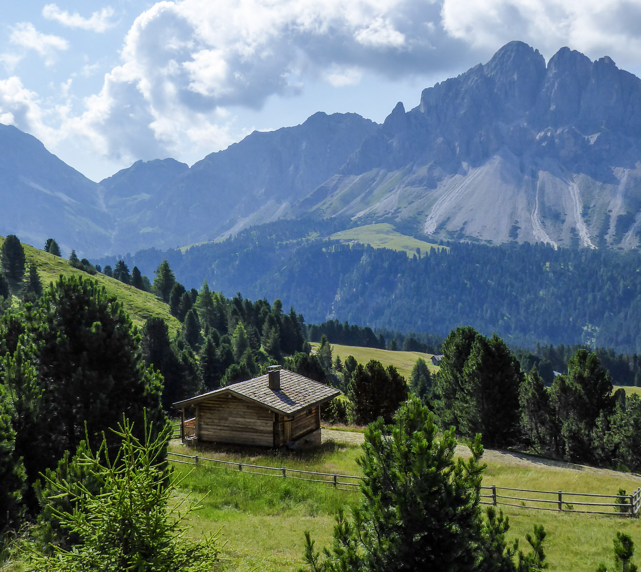 Mountain setting with green grass, tall trees and a hut in the distance with mountains
