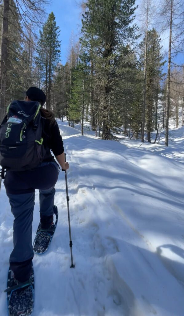 woman with snow shoes attached to feet climbs through snow
