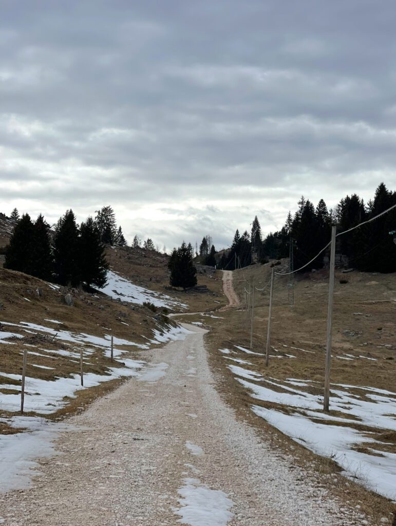 Hiking path in Enego that is surrounded by melting snow
