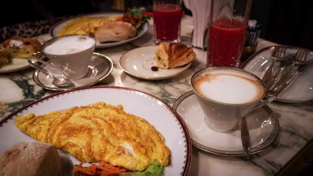 The full breakfast at Cafe Carducci in Verona Italy eggs, coffee, pastry and juice