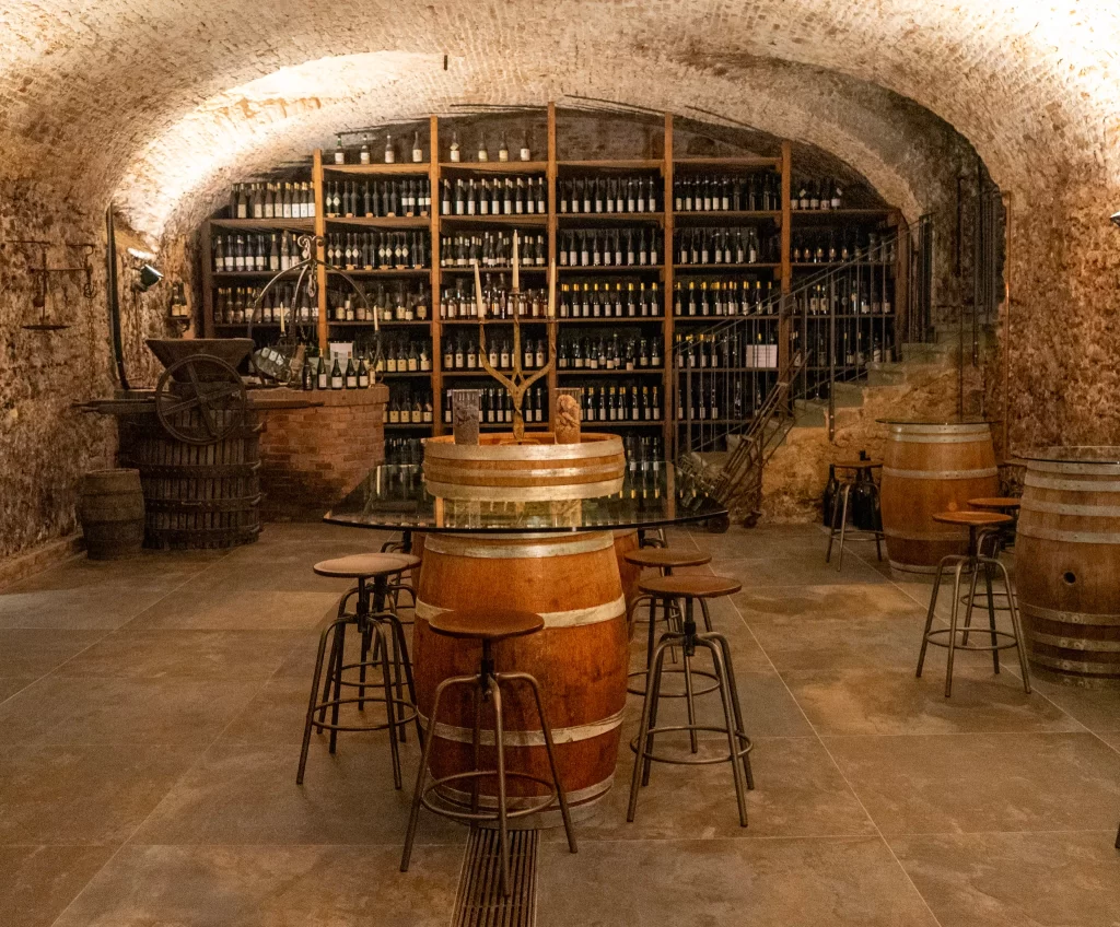 Room with wine bottles and barrels in a cellar
