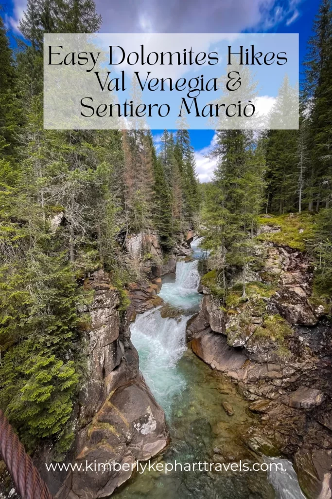 Pinterest Pin with a waterfall and the words Easy Dolomites Hikes: Val Venegia & Sentiero Marciò for Beginners and Families