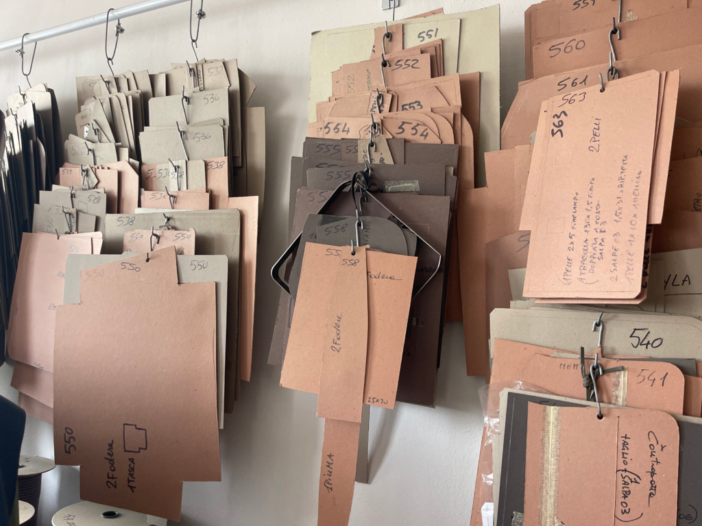 Leather Purse Forms hanging from a wall in Vicenza, Italy