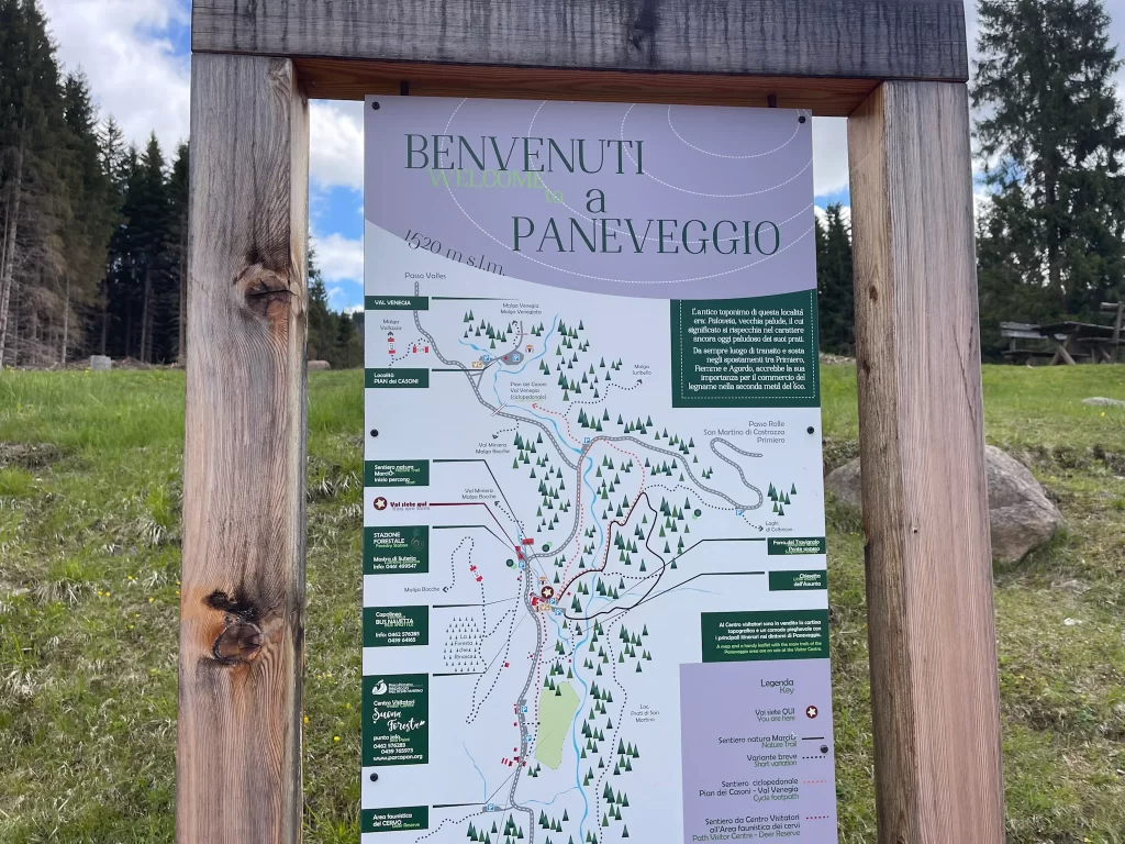 Board with hiking information in the Panneveggio forest which details routes in the Pale di San Martino 