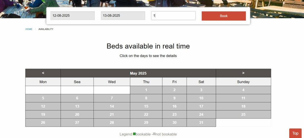 screen grab of booking on a rifugio booking system with dates and availability