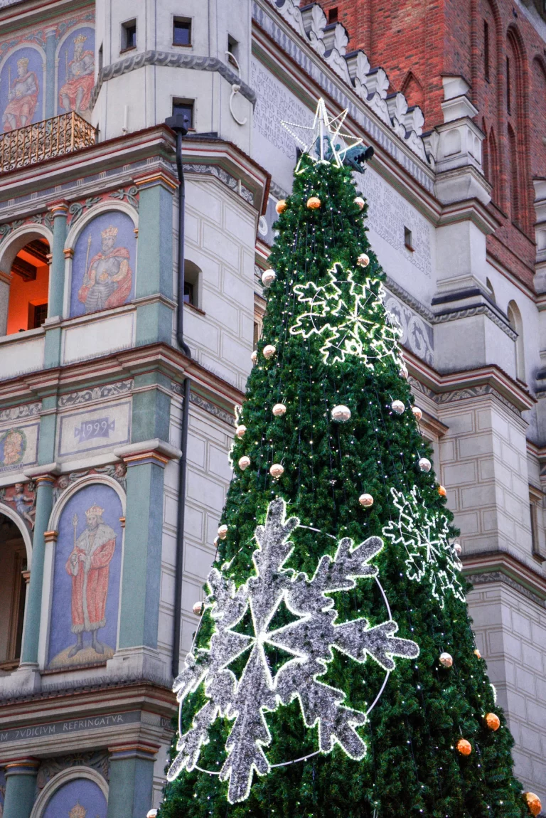 A lit up green christmas tree with silver snowflake lights attached to it set against the Poznan Town Hall or Ratusz