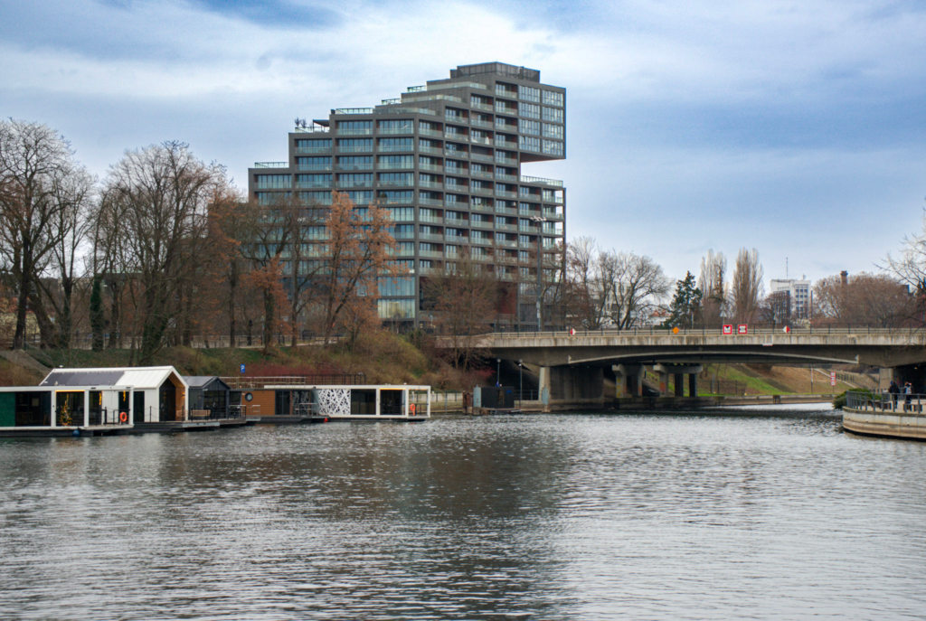 brda river in bygoszcz poland with a building in the background