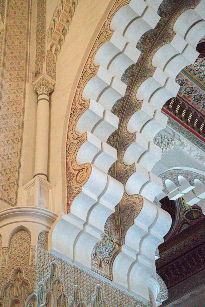 Intricate details of the Hassan II Mosque. Corners and awnings with zelige
