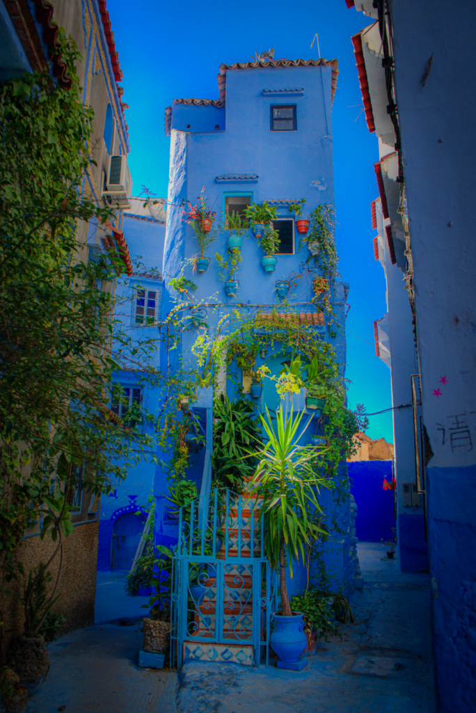 Blue alleyways of Chefchaouen against the blue sky
