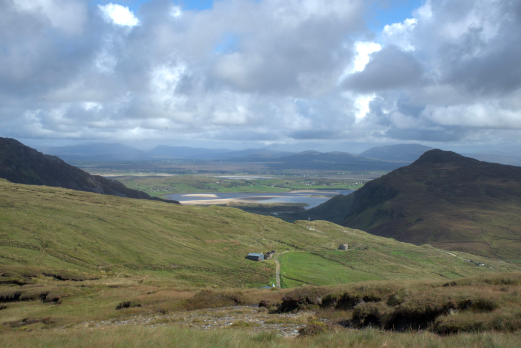 View of the valley from the Donegal way on a bright fall day in Donegal IReland