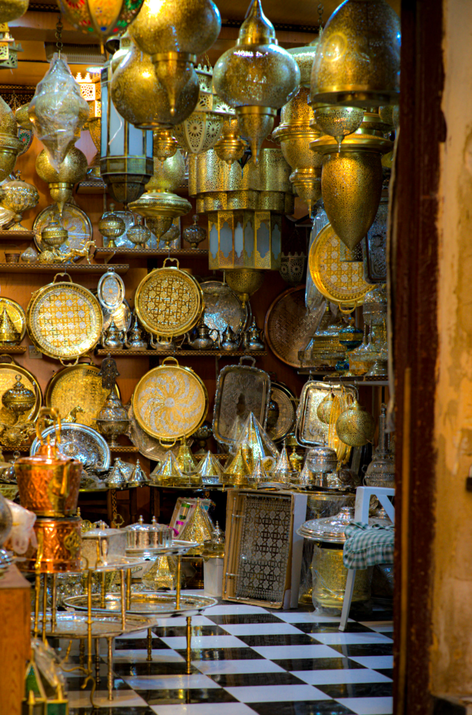 A stall in Fess selling copper and gold plated items