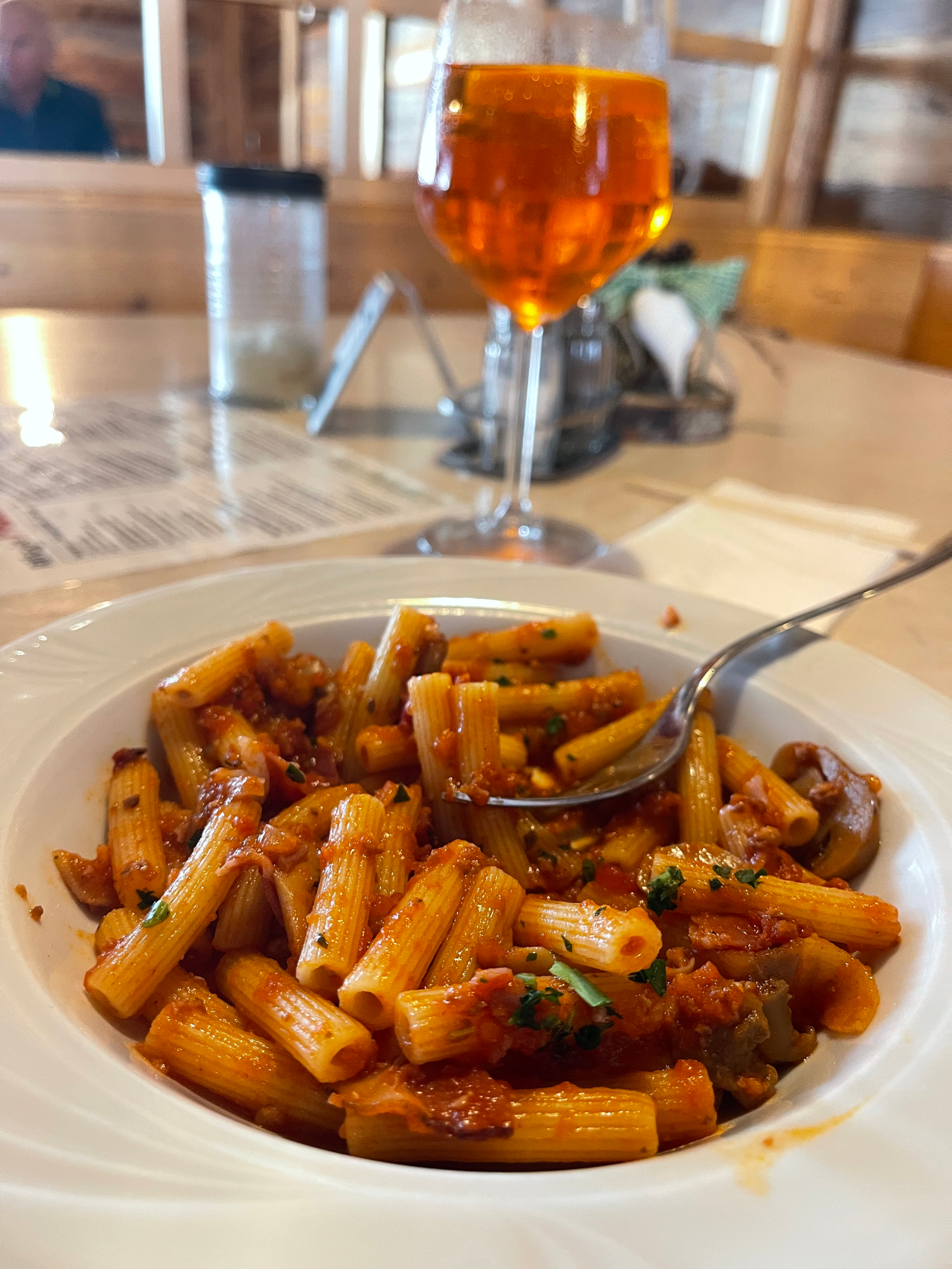 Bowl of rigatoni pasta in a hearty tomato sauce with mushrooms and herbs, served with an Aperol Spritz inside a cozy mountain hut along Alta Via 2.