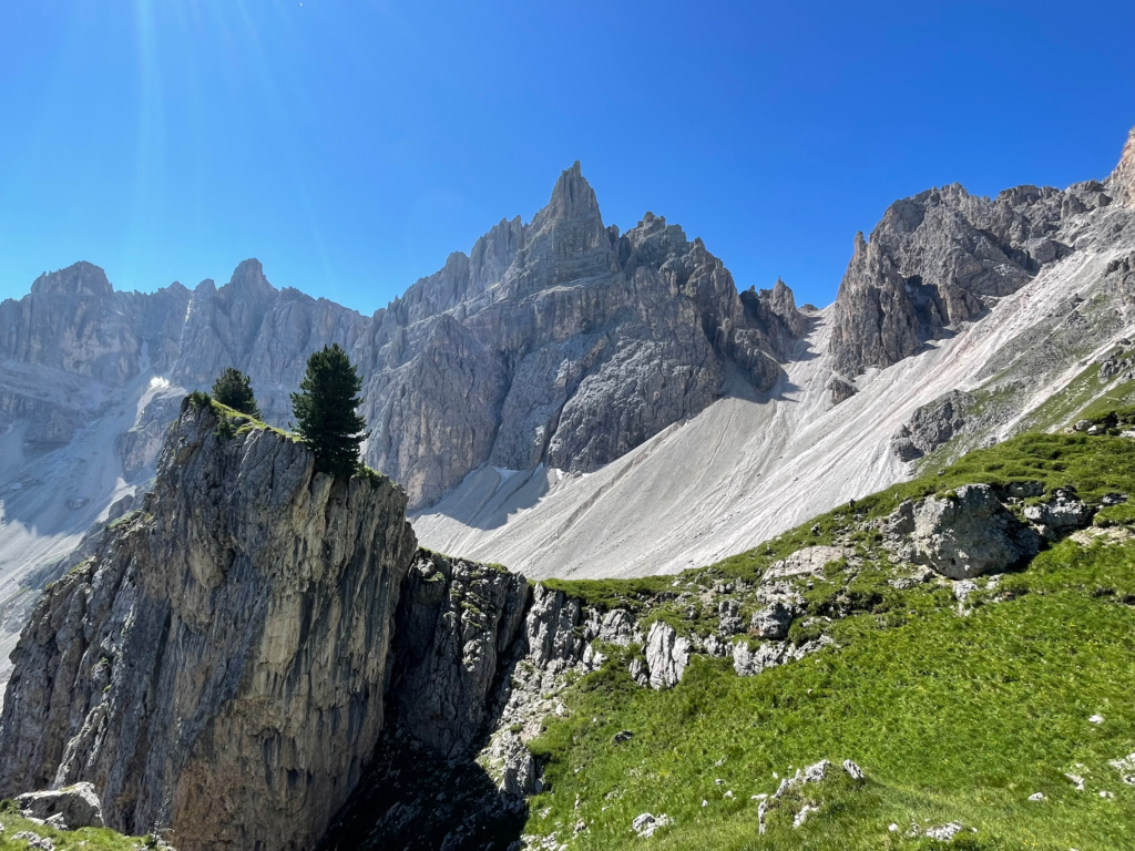 Dramatic spires of the Dolomites rise above a grassy and scree-covered slope, with a rocky outcrop topped by trees in the foreground on the approach to Forcella Roa pass.