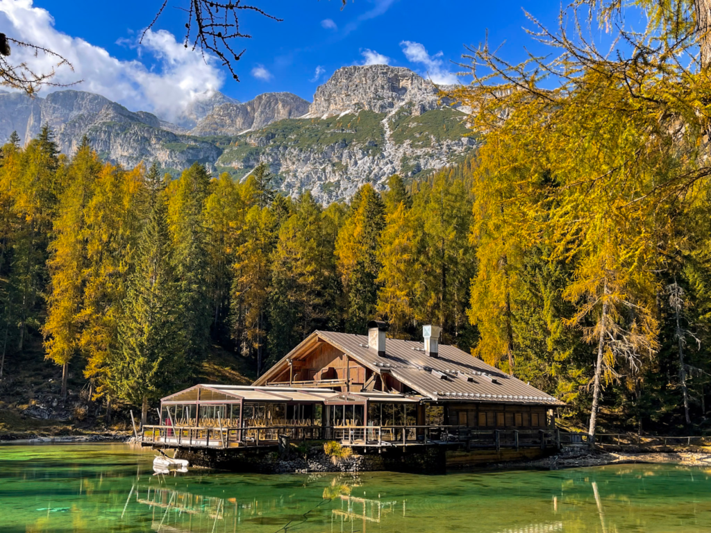 a mountain side restaurant at lago ghedina in the dolomites