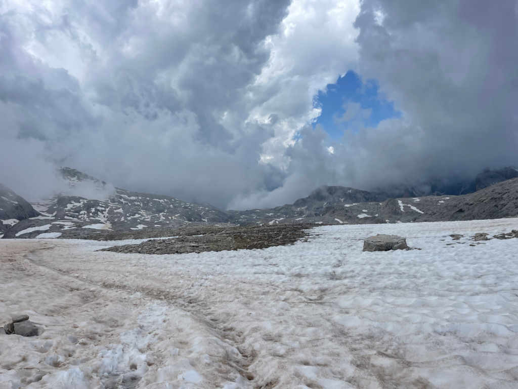 Snow with grey rock in the mix on the way to Rifugio Rosetta from Rifugio Treviso