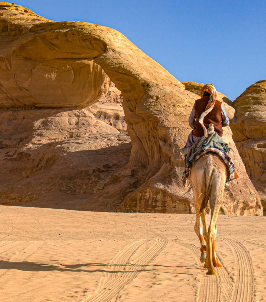 Man on a Camel wearing traditional bedouin clothing