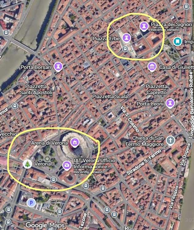 a map with two yellow circles showcasing where the verona christmas markets are