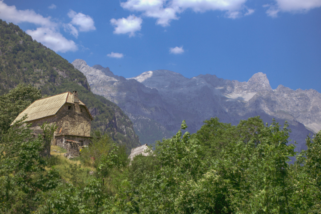 wooden rooftops rise against green trees with mountains as a backdrop