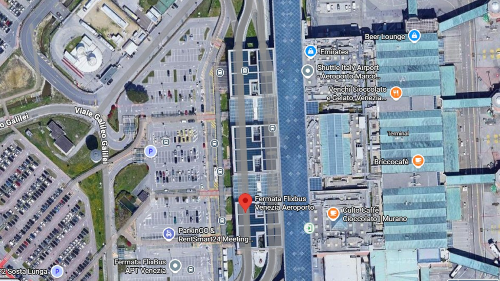 google map arieal view of venice marco polo with marked position of flix bus area